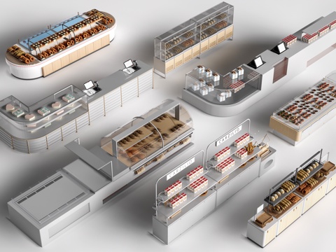  现代咖啡吧台 甜品店货架 收银台 服务台su模型 