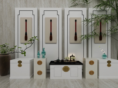  新中式背景边柜3d模型 