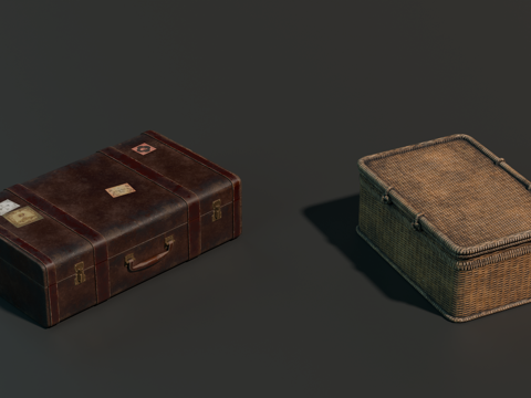 中世纪行李箱 复古行李箱 藤编行李箱 皮箱su模型