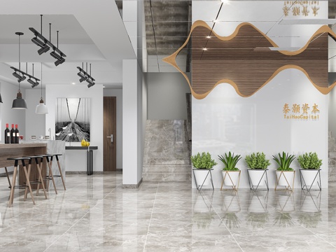  现代办公空间大厅 吧台 书柜 吊灯3d模型 