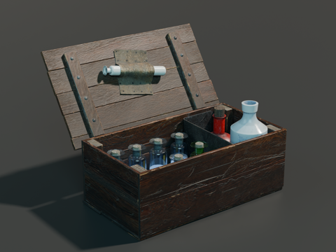 中世纪药箱 药箱 复古药箱 木箱 药瓶su模型