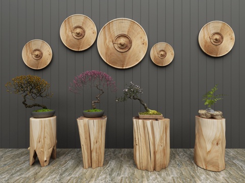  中式盆栽花艺墙饰摆件3d模型 