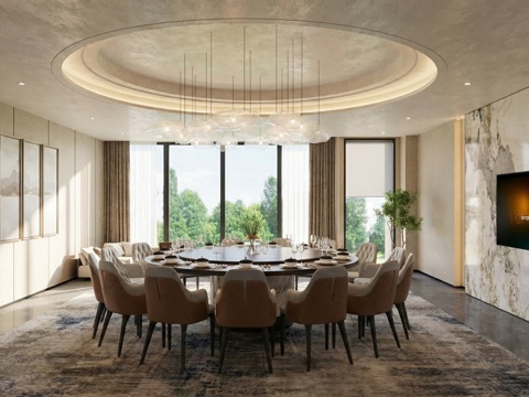  现代包厢_餐桌椅_吊灯_沙发_茶几_窗帘 餐厅包房su模型 