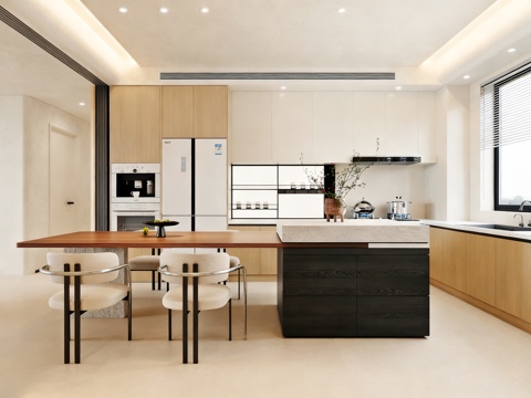  现代餐厅 岛台餐厅 餐桌椅 餐边柜 冰箱 烤箱 摆件3d模型 