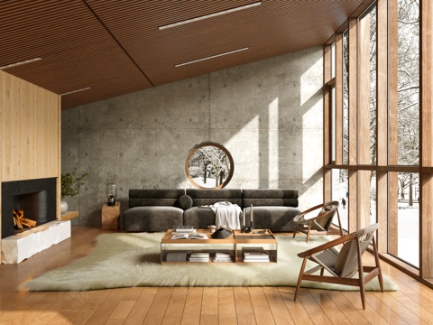  雪地新疆现代原木酒店民宿客厅3d模型 