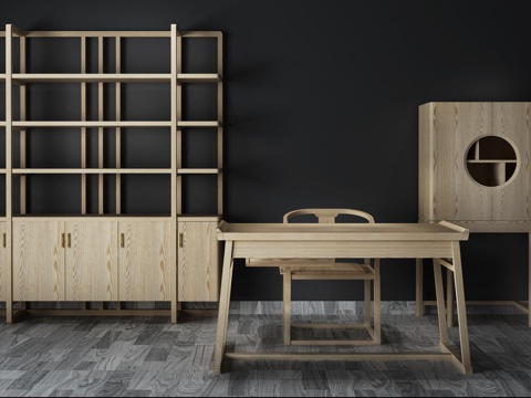  新中式书房组合 书桌椅 书架3d模型 