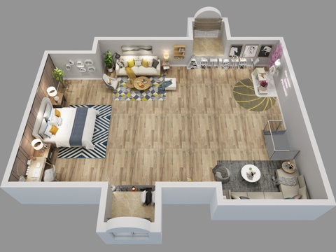  现代家装样板间鸟瞰图3d模型 