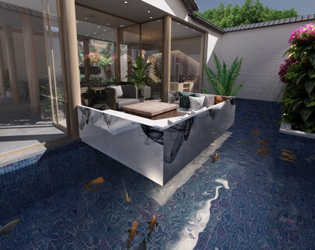  新中式 泳池 池塘 鱼 餐桌 酒柜 吊顶 竹竿 景观3d模型 