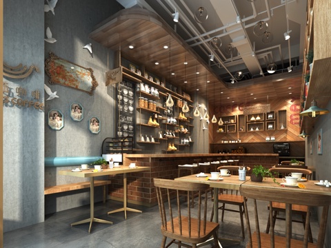  工业风咖啡厅 吊灯 挂画 餐桌椅 前台 绿植 柜子3d模型 