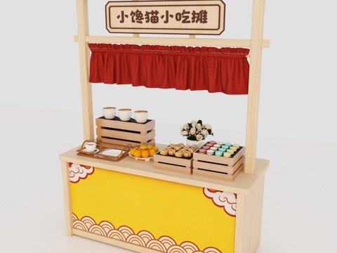  娃娃家中式摊位 手推车货架 新中式售卖车子 古式早餐车3d模型 
