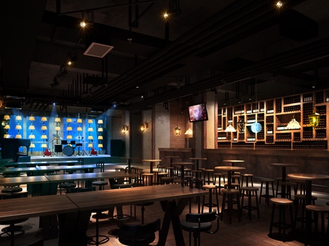  工业风咖啡厅 餐桌椅 吊灯3d模型 