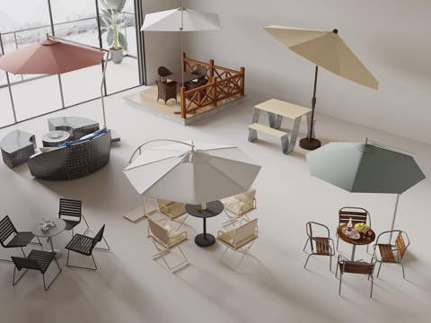  现代户外桌椅 户外桌椅组合 露营桌椅 折叠桌椅 户外遮阳伞3d模型 