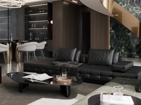  现代挑空别墅客餐厅 复式客餐厅 大平层 意式轻奢客餐厅3d模型 