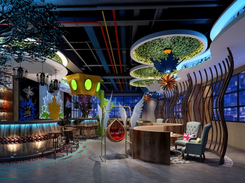  工业风时尚咖啡餐饮店 吧台 吧椅 装饰树 餐桌 餐椅 吊3d模型 