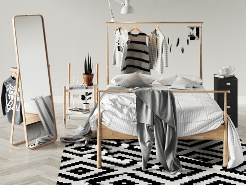 传统中式卧室 床 全身镜 地毯3d模型