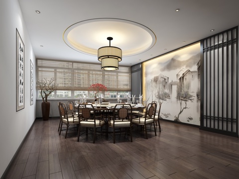 新中式餐厅 吊灯 餐桌椅 壁纸3d模型
