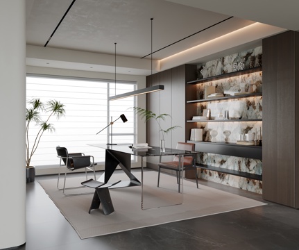 现代意式书房 书桌椅 吊灯 书柜 装饰柜 饰品摆件su模型