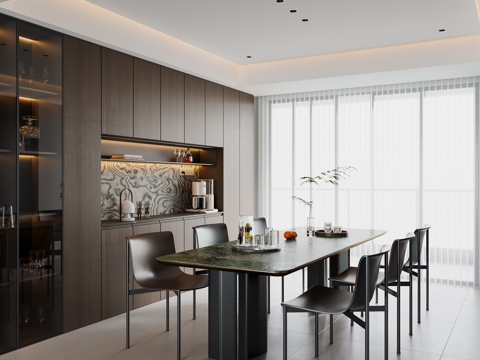 现代意式餐厅 餐桌椅 餐边柜 酒柜su模型