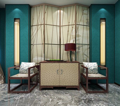  新中式单椅 玄关柜 台灯 背景3d模型 