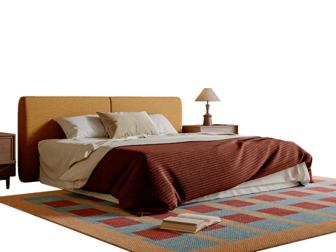  中古风双人床 床头柜 主卧双人床 布艺双人床3d模型 