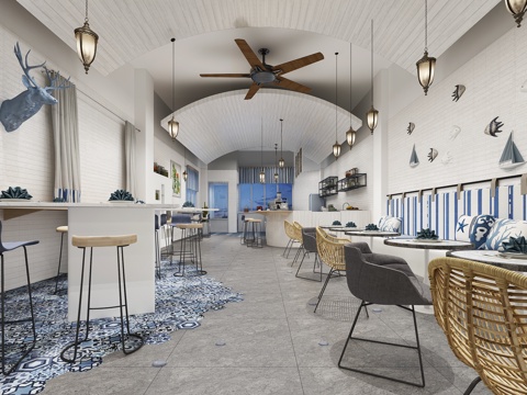  其他混搭咖啡厅 椅子 吧椅 风扇 吊灯 黑板3d模型 