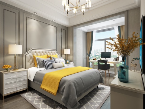 现代主卧 儿童房 吊灯 床 书桌3d模型