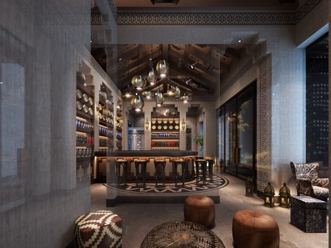 美式咖啡厅 休闲椅 茶几 吊灯 多人沙发 前台3d模型