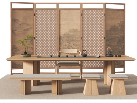  新中式茶桌椅组合3d模型 