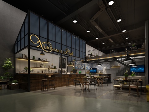  工业风 咖啡厅 植物 吧椅 单椅 黑板 电视 矿灯 管道3d模型 