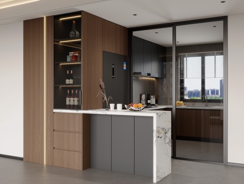 现代意式冰箱柜 吧台 冰箱柜吧台一体  厨房橱柜su模型