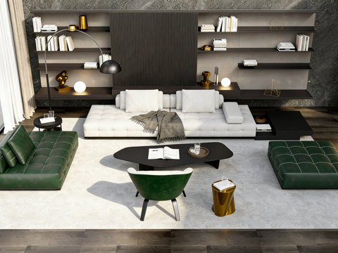 现代简约白绿配色客厅 含异形茶几 整墙书架 沙发组合su模型