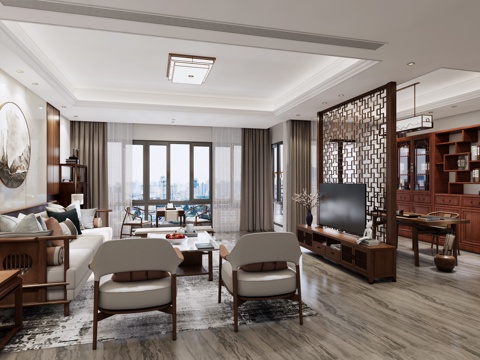  新中式客厅 新中式茶室 书房 书柜 屏风隔断 电视柜 吸顶灯su模型 