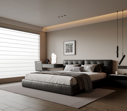  现代简约卧室 皮质双人床 床头柜 吊灯 挂画 书桌椅 地毯3d模型 