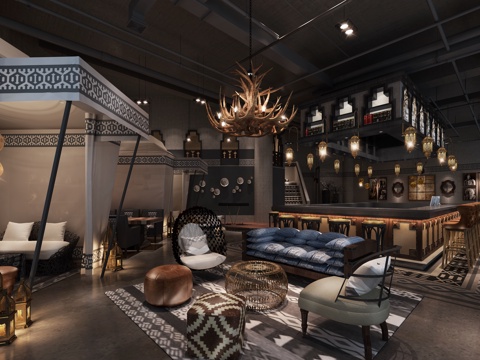  美式简约咖啡厅 休闲椅 茶几 吊灯 多人沙发 前台3D模3d模型 