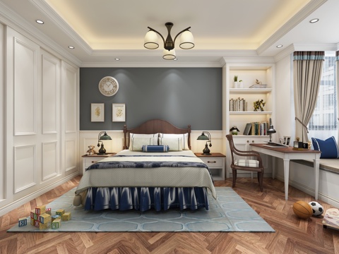 欧式简约儿童房 单人床 床头柜 吊灯 书桌椅 玩具3d模型