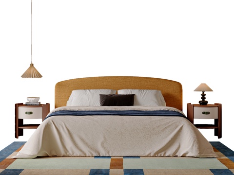  中古风双人床 床头柜 床头吊灯 主卧双人床3d模型 