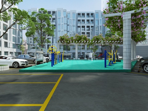 现代小区户外停车场 花卉 车 植物 花架 小区楼房 运动3d模型