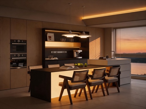 开放式餐厅 吧台餐桌 餐边柜su模型