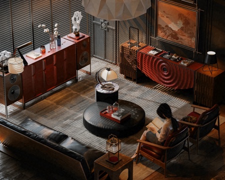  新中式家居客厅 现代家居客厅 去客厅化 下沉式客厅3d模型 