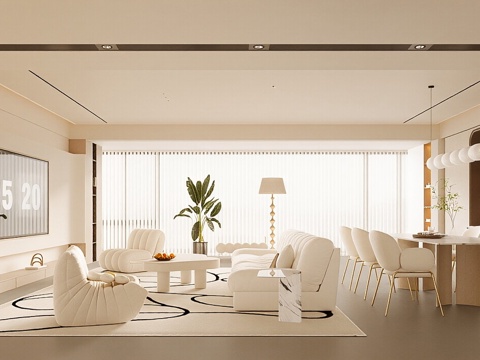  现代奶油风客餐厅 沙发组合 单人椅 休闲椅 花瓶 摆件3d模型 