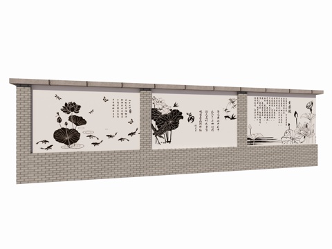 中式 新中式景墙 浮雕 荷花 古诗词景墙su模型