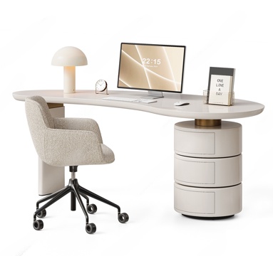  奶油风书桌椅3d模型 