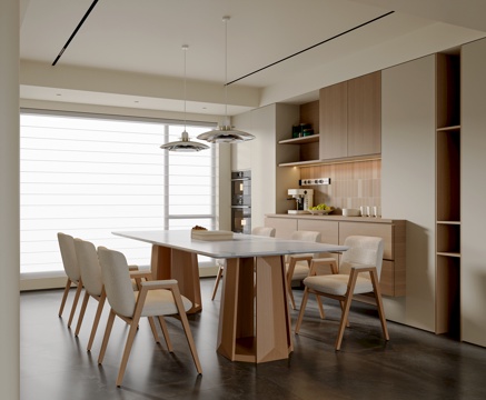  现代奶油风餐厅 餐桌椅组合 餐边柜 餐桌摆件 餐桌吊灯3d模型 