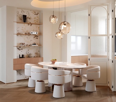  现代轻奢家居餐厅 餐桌椅组合 酒柜 吊灯 摆件 冰箱3d模型 