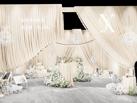 小众香槟色布幔婚礼 通道美陈su模型