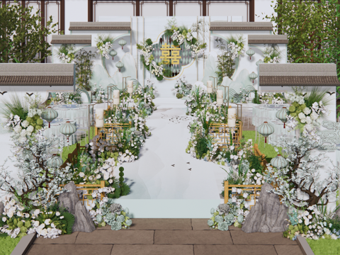 小众青绿色新中式婚礼花艺美陈su模型