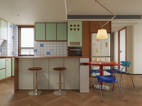  包豪斯复古混搭开放式厨房3d模型 