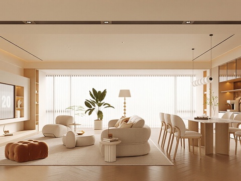  现代奶油风客餐厅 沙发组合 单人椅 休闲椅 花瓶 摆件3d模型 