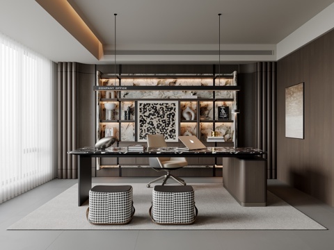 现代意式书房 书桌椅 吊灯 书柜 装饰柜 饰品摆件su模型