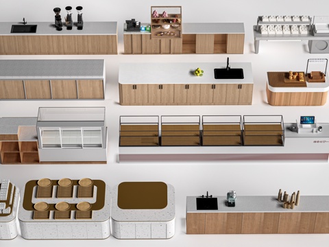 现代咖啡吧台 甜品店货架 收银台 服务台su模型